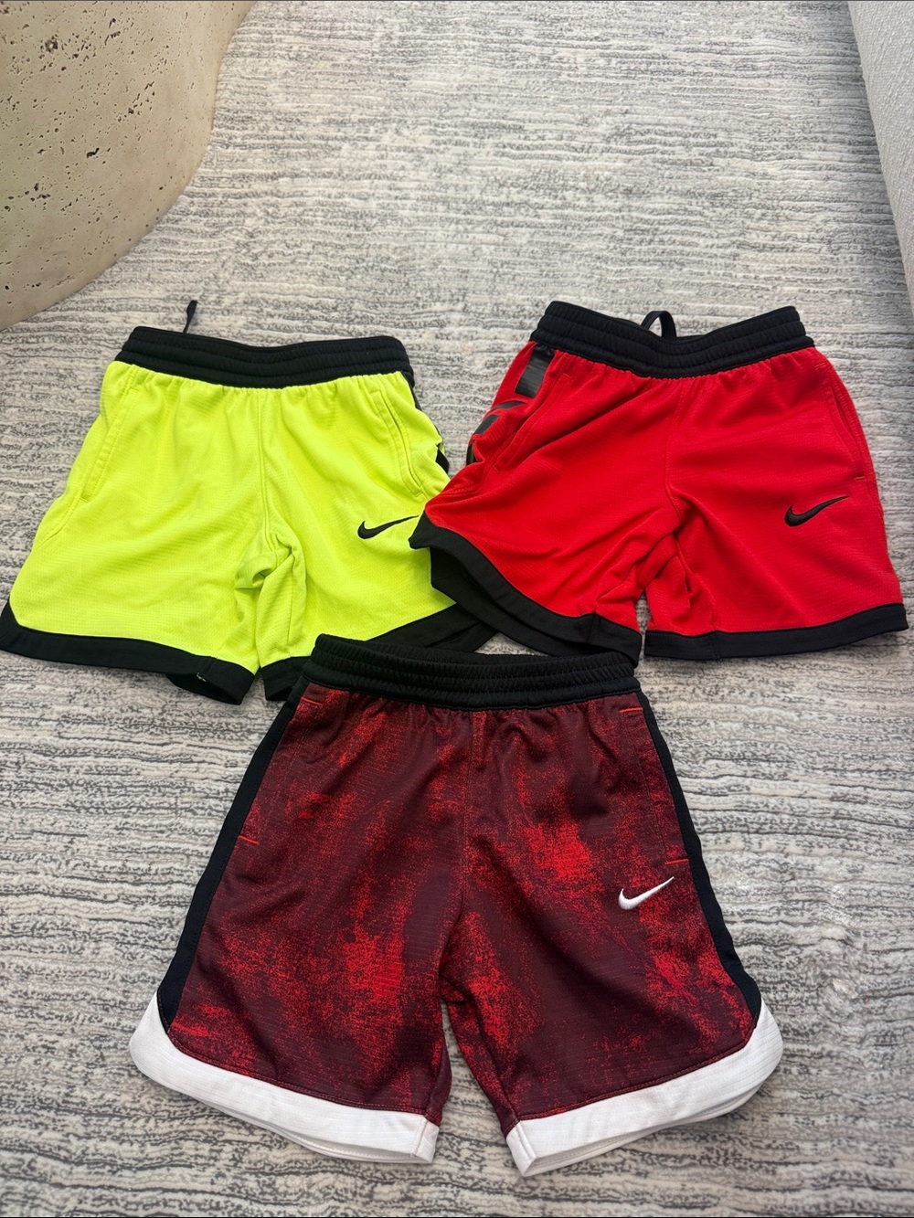 Nike Kids Neon Yellow, Red, and Black/Red Athletic Shorts Trio